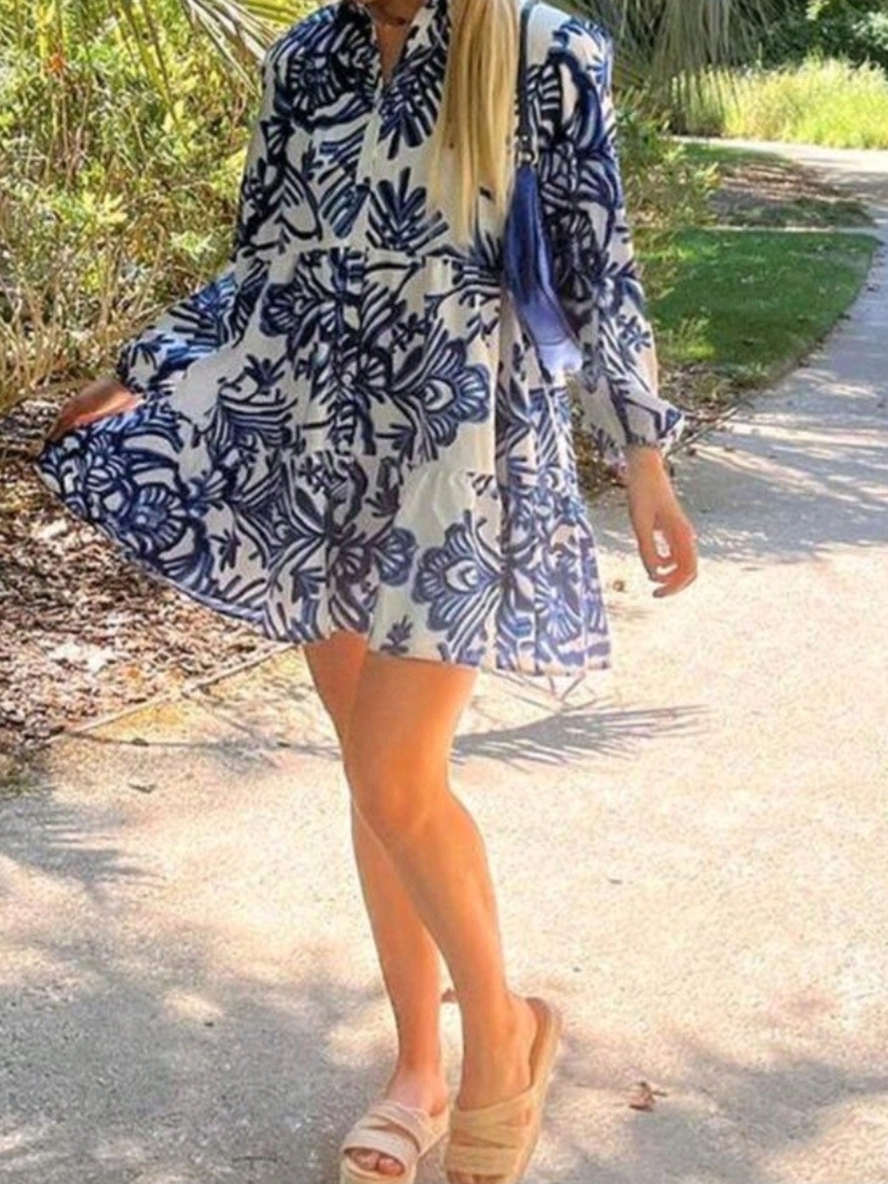 Blue Printed Tiered Shirt Dress - White & Blue